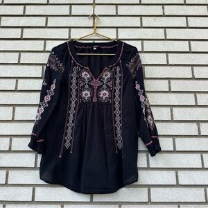 Johnny Was Tatum Embroidered Peasant Blouse Top Black Boho